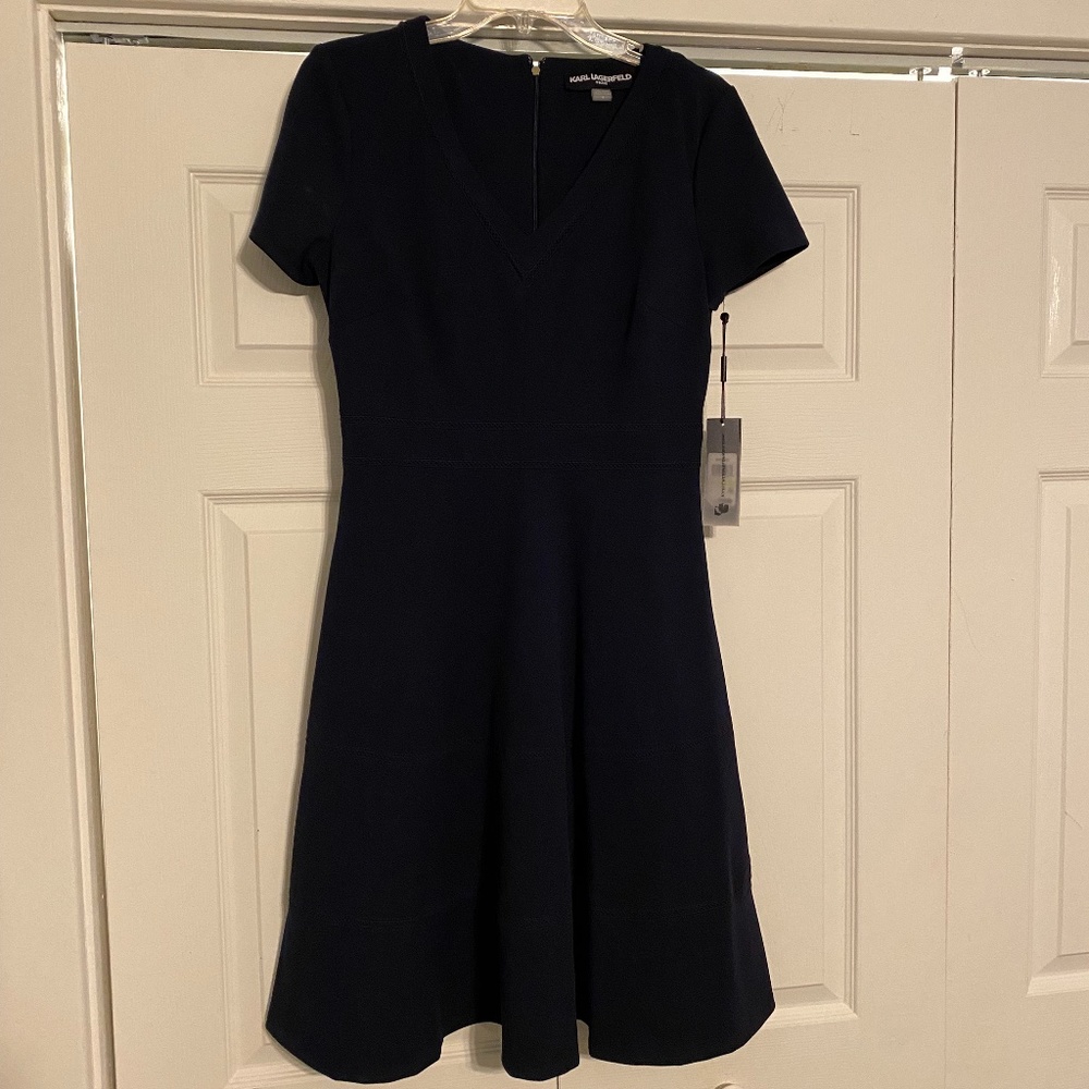 Karl Lagerfeld V-Neck Navy A-Line Dress NWT Size 4